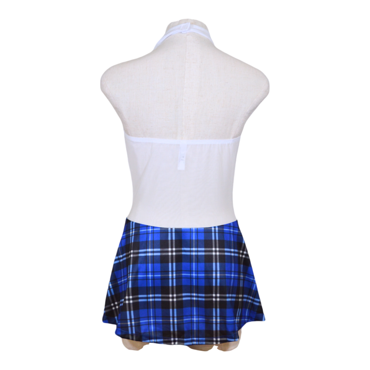 A mannequin displaying a school girl themed costume, consisting of a blue plaid skirt and a white halter top with a neck tie.
