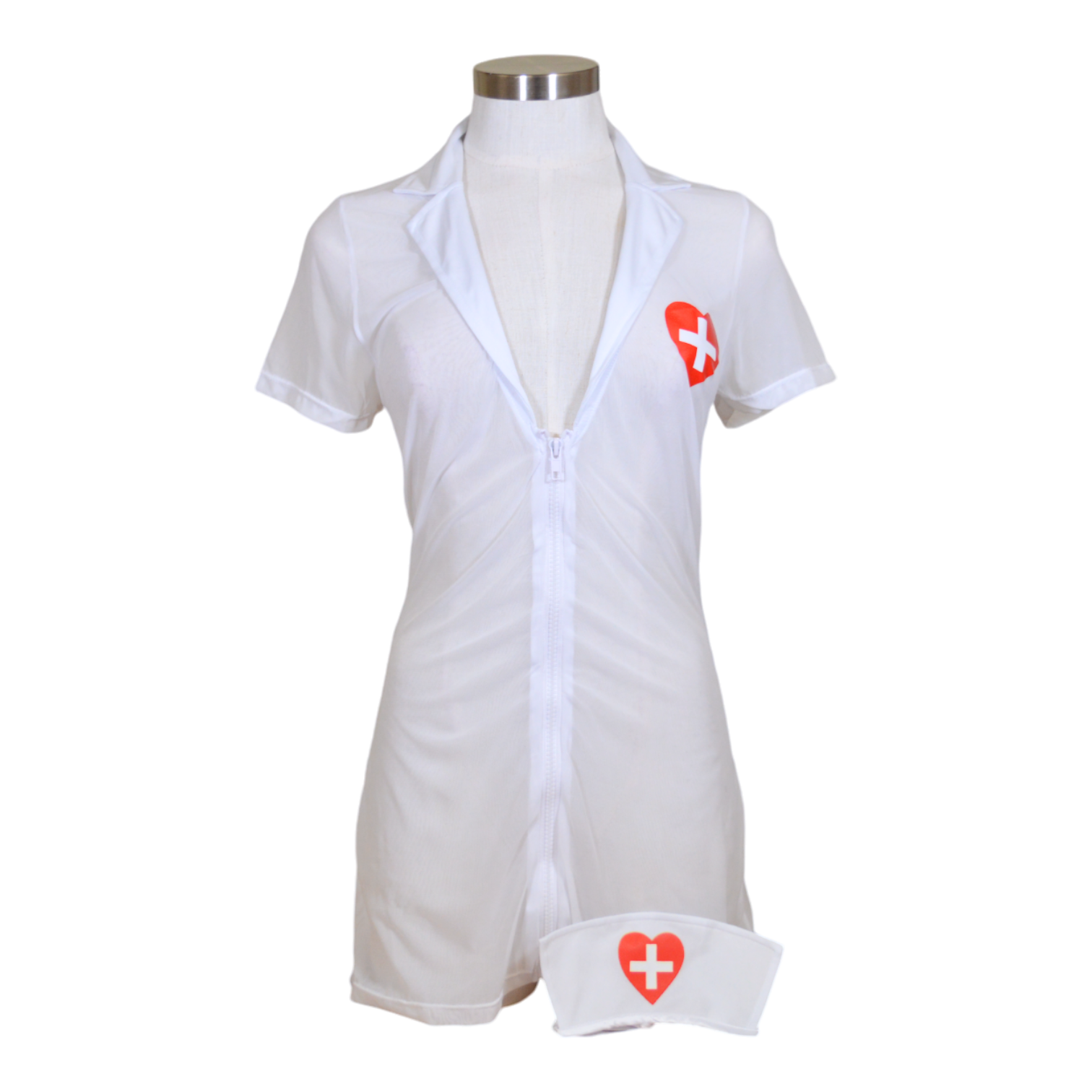 A costume set consisting of a white nurse's outfit with a red heart emblem and a matching white hat with a red ribbon.