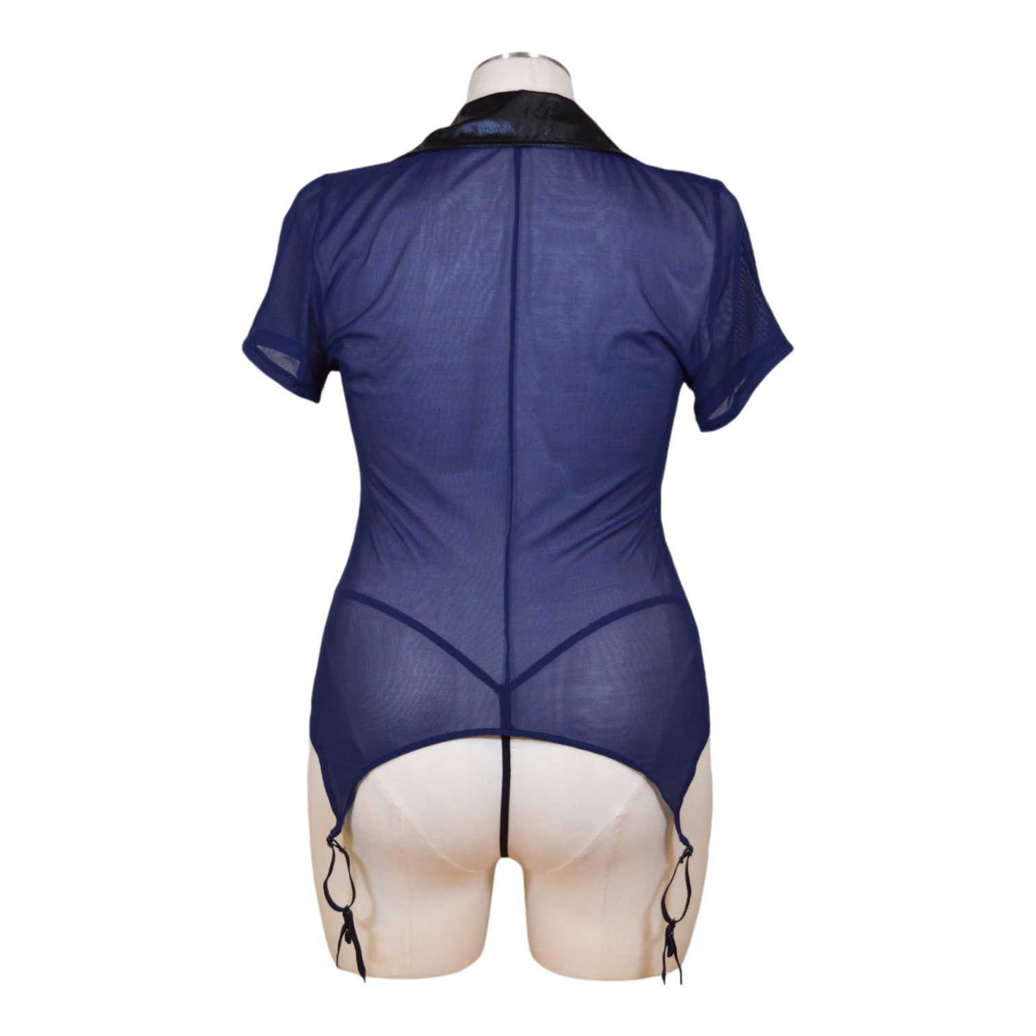 Stretch mesh garter slip bedroom costume featuring sexy zipper, faux leather collar, police badge, and cuffs. Back view.