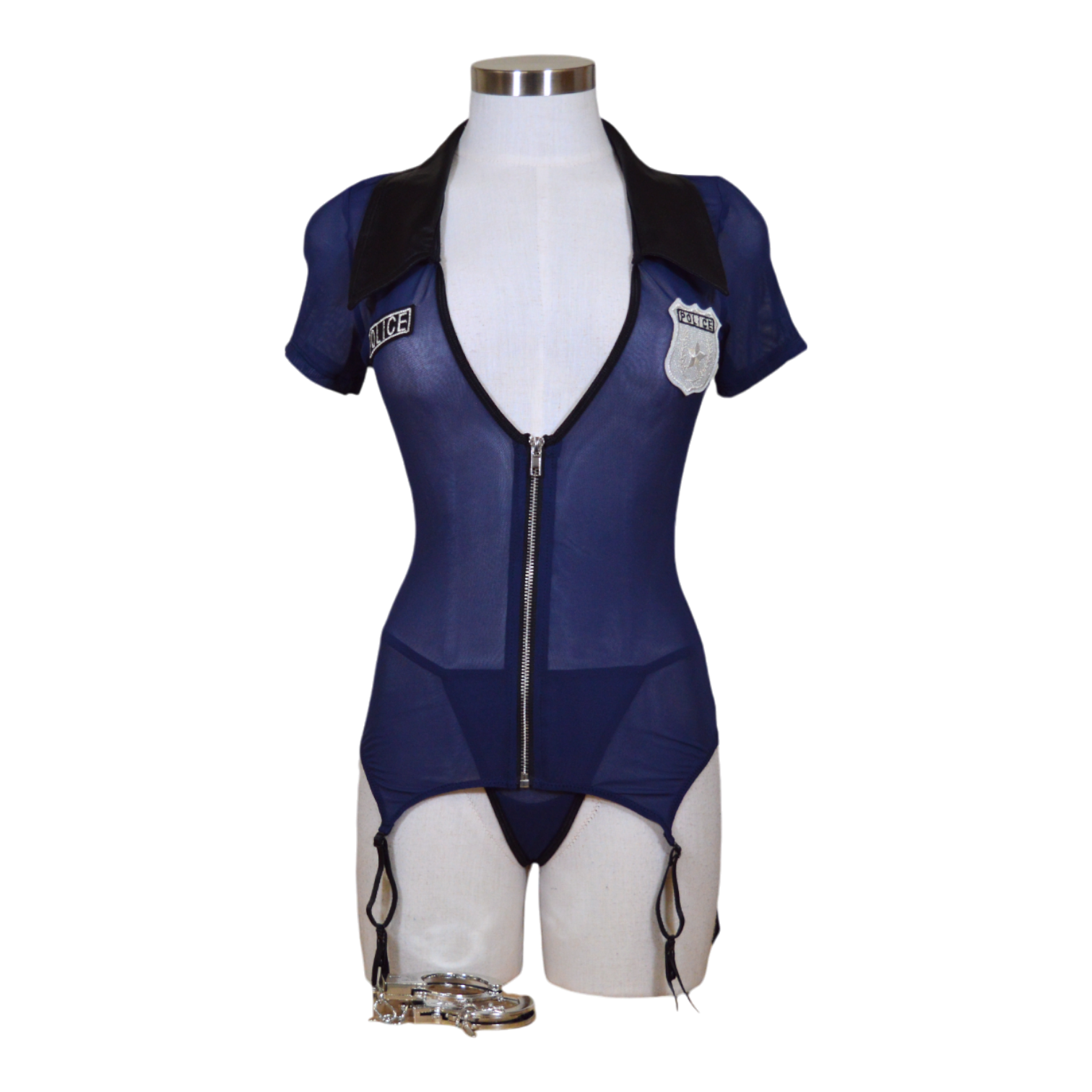 Stretch mesh garter slip bedroom costume featuring sexy zipper, faux leather collar, police badge, and cuffs.