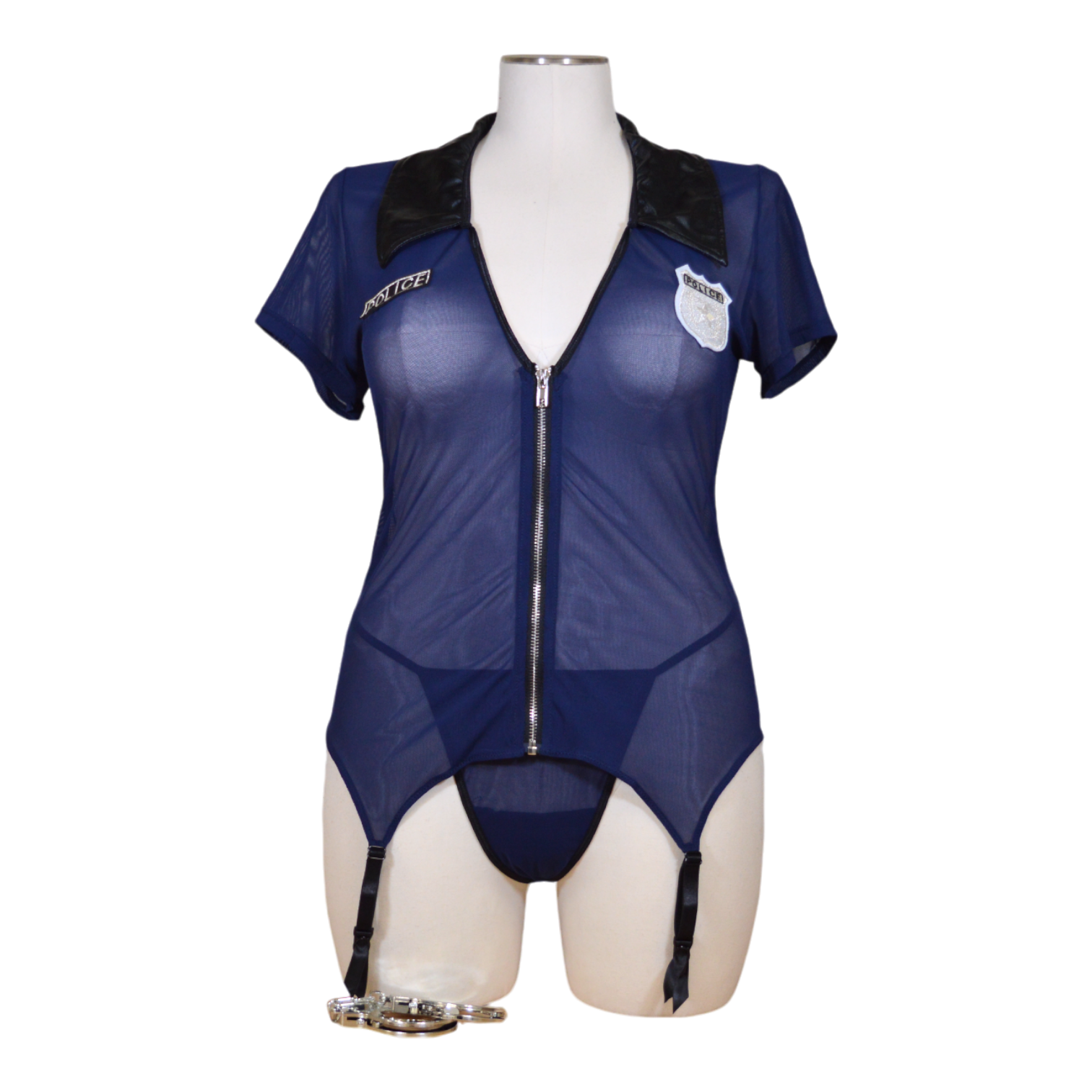 Stretch mesh garter slip bedroom costume featuring sexy zipper, faux leather collar, police badge, and cuffs.