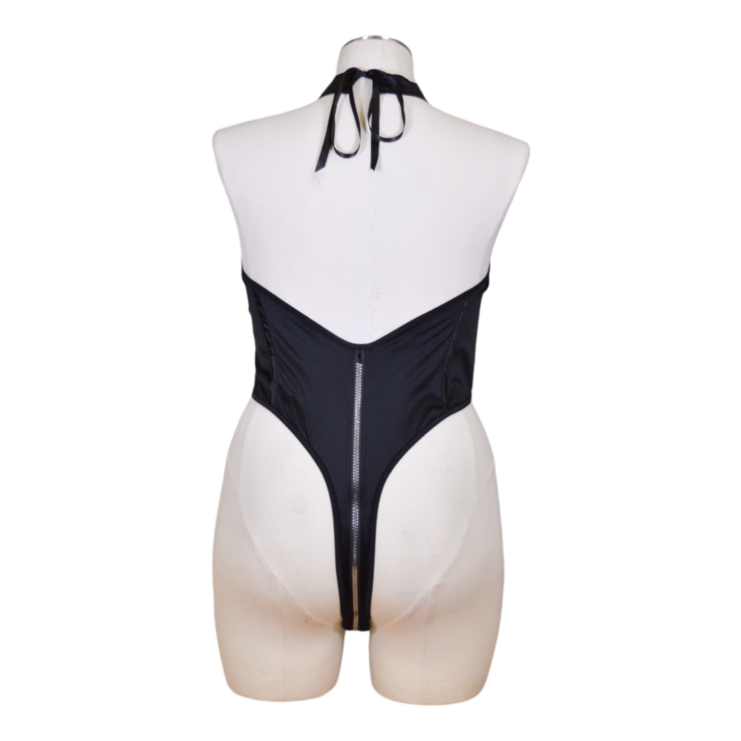 A black bodysuit with a front and back zipper, collar, displayed on a mannequin back view.