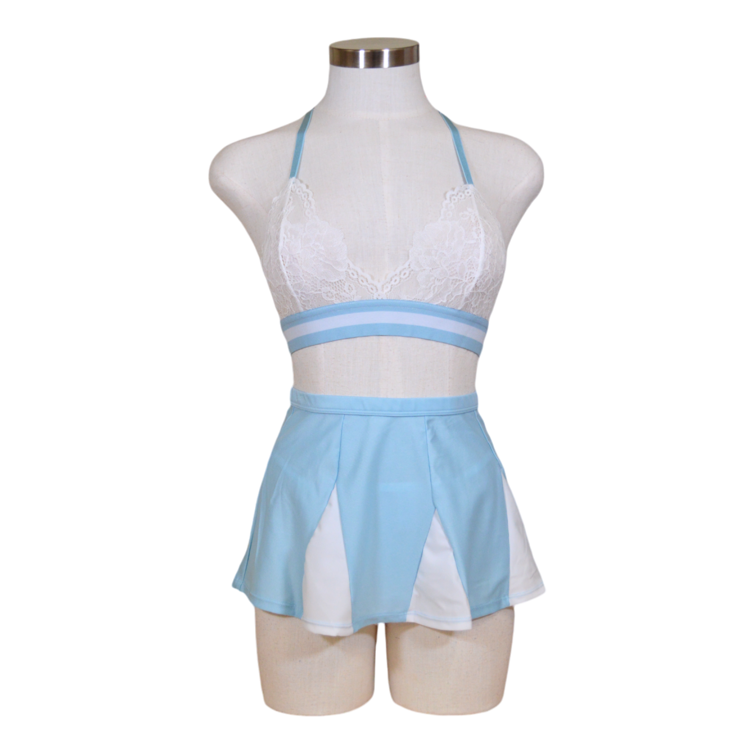 A light blue and white striped cheerleader lingerie set with white lace accents, displayed on a mannequin.