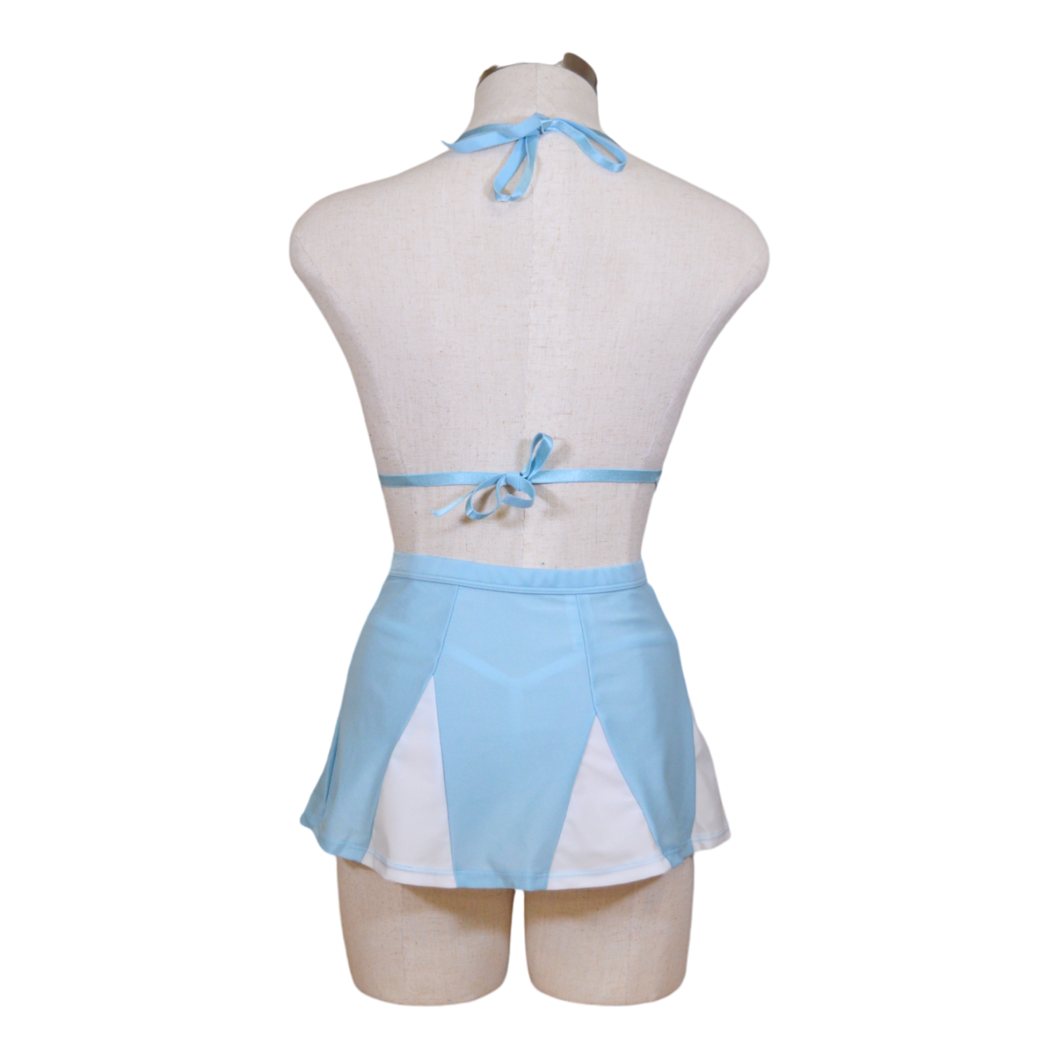 A light blue and white striped cheerleader lingerie set with white lace accents, displayed on a mannequin.