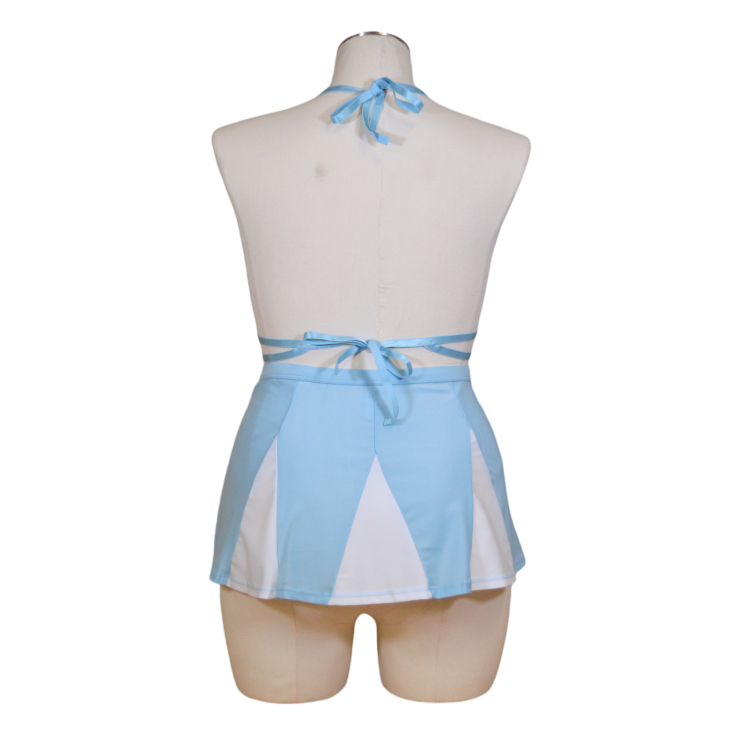 A light blue and white striped cheerleader lingerie set with white lace accents, displayed on a mannequin.