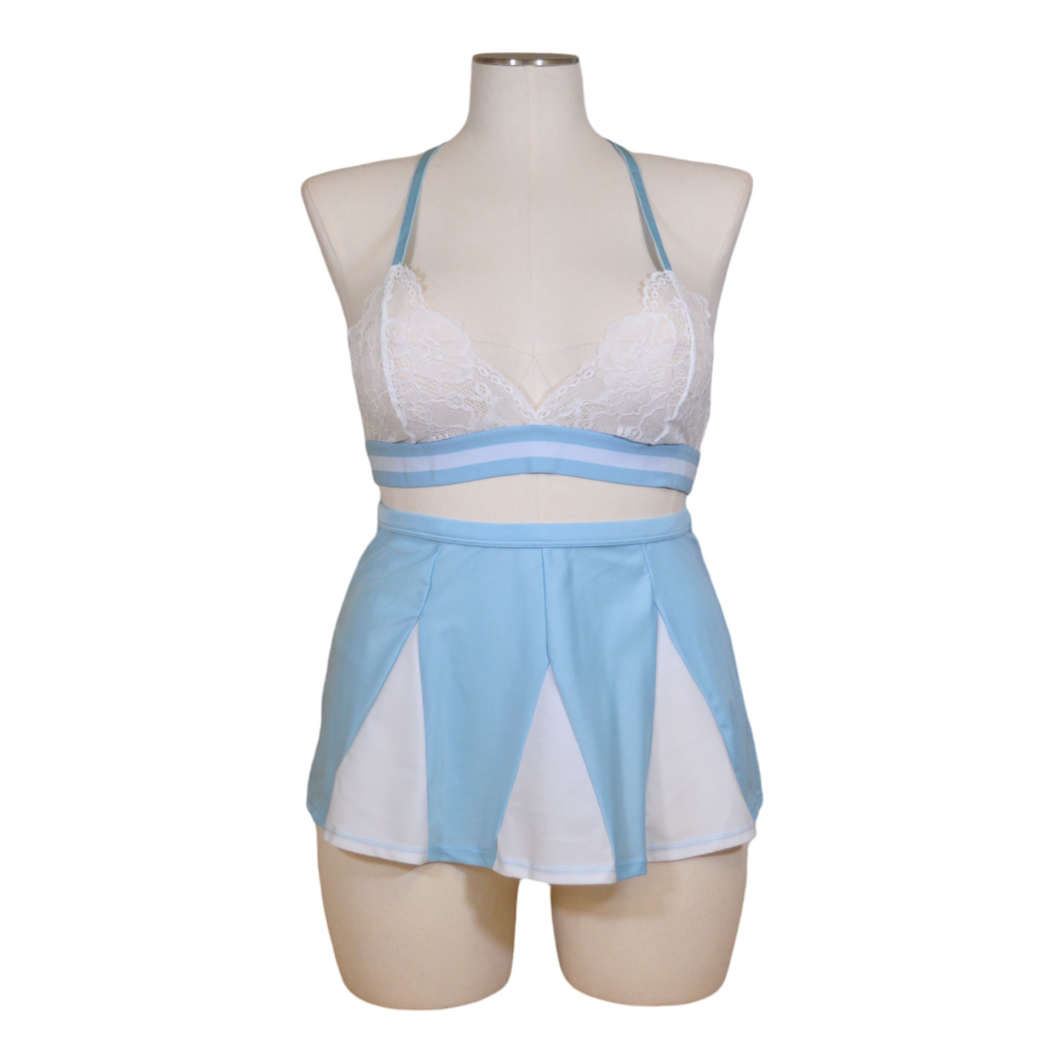 A light blue and white striped cheerleader lingerie set with white lace accents, displayed on a mannequin.
