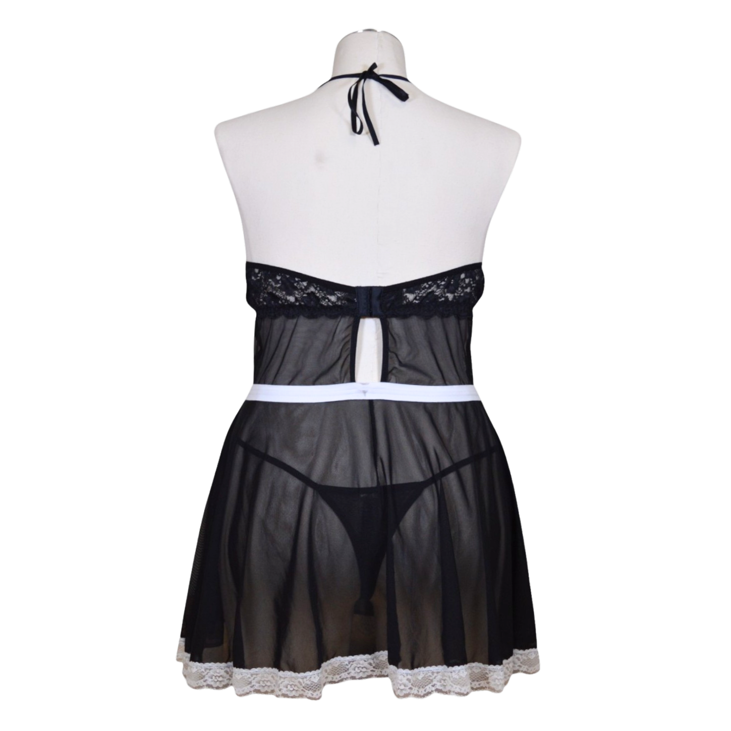 A black and white French Maid lingerie dress with lace detailing, featuring a halter neck and an attached apron back view.