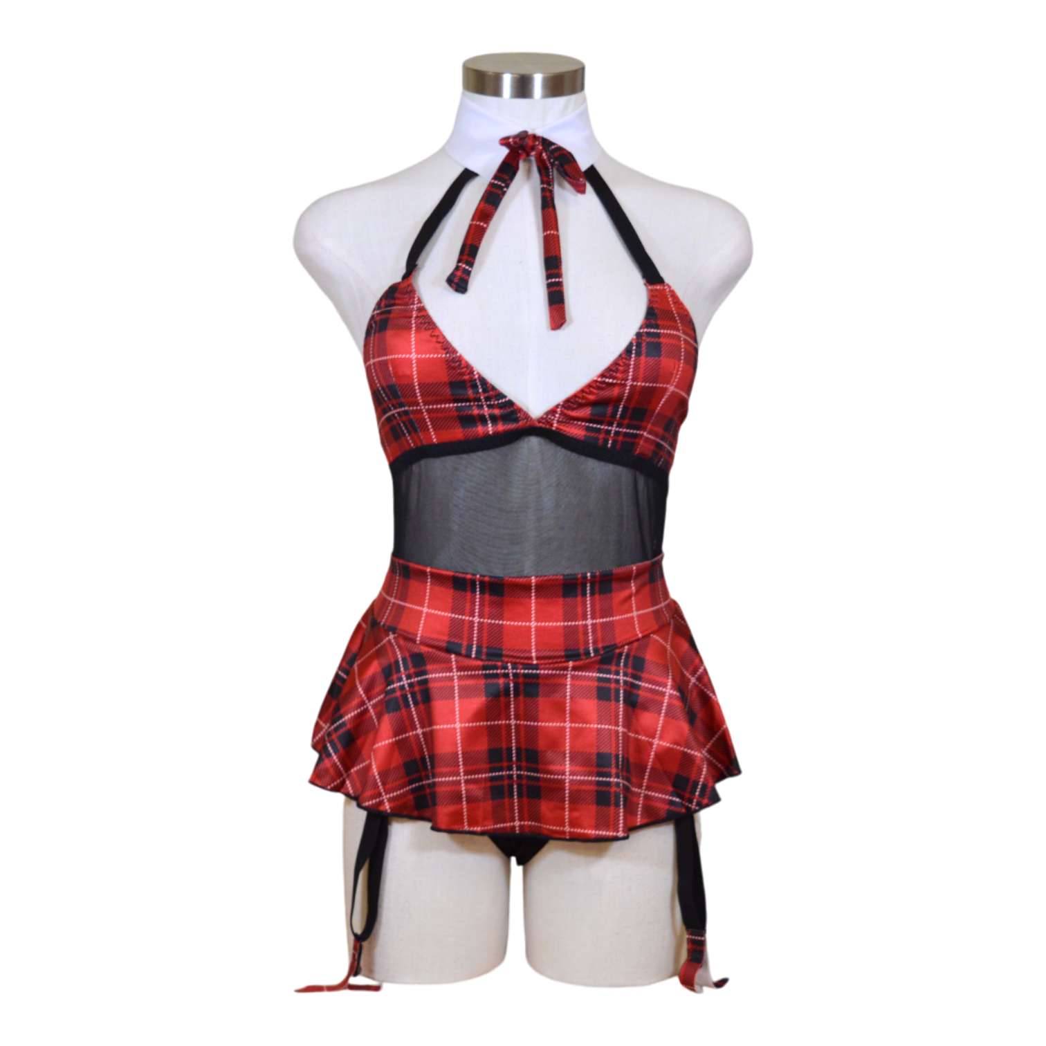 A mannequin wearing a red and black plaid teddy with a halter neck, sheer mesh, a skirt, and garter straps.