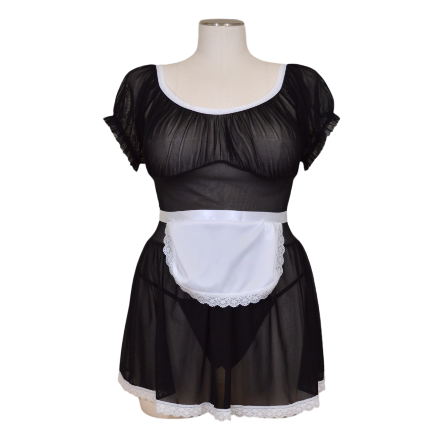 An off-the-shoulder black mesh babydoll costume with white trim, accompanied by a maid hat and frilly panties.