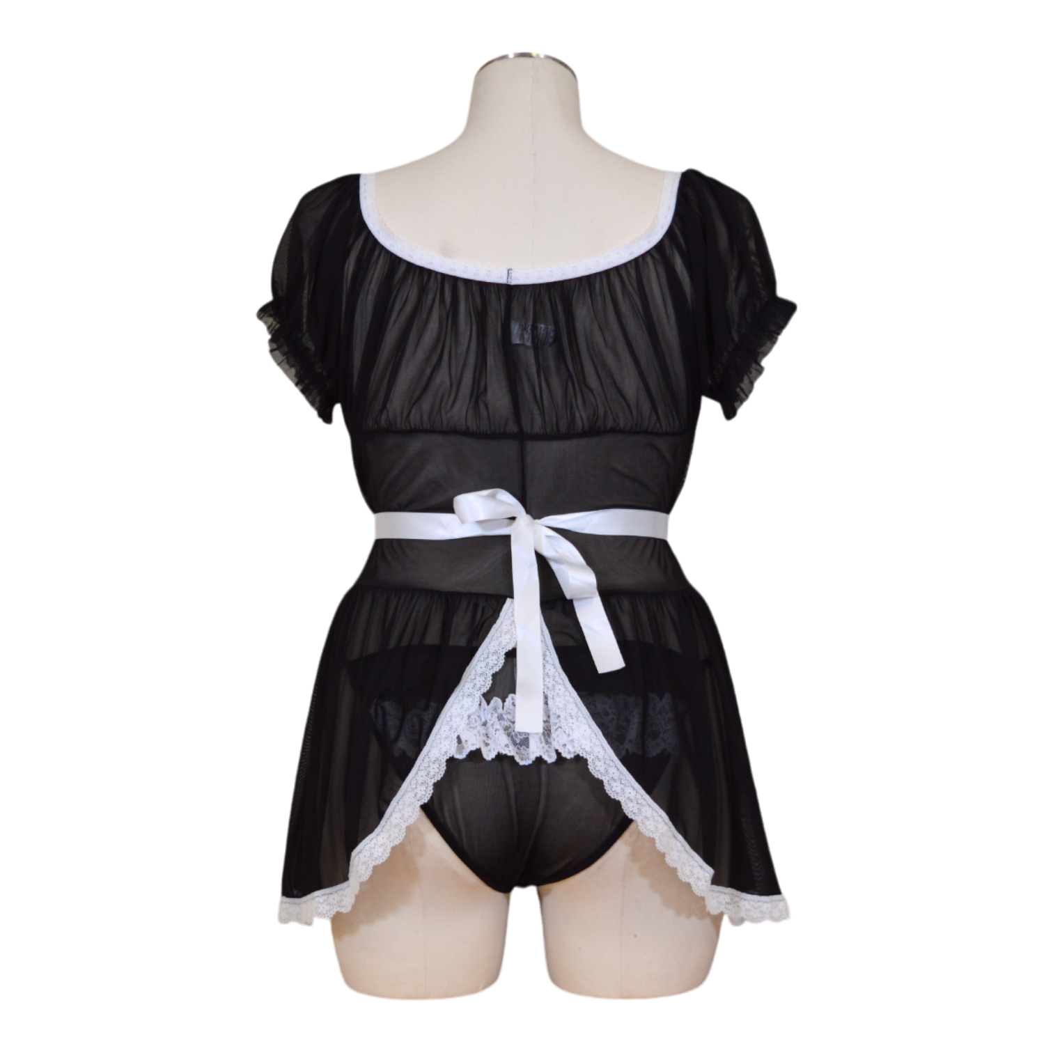 An off-the-shoulder black mesh babydoll costume with white trim, accompanied by a maid hat and frilly panties.