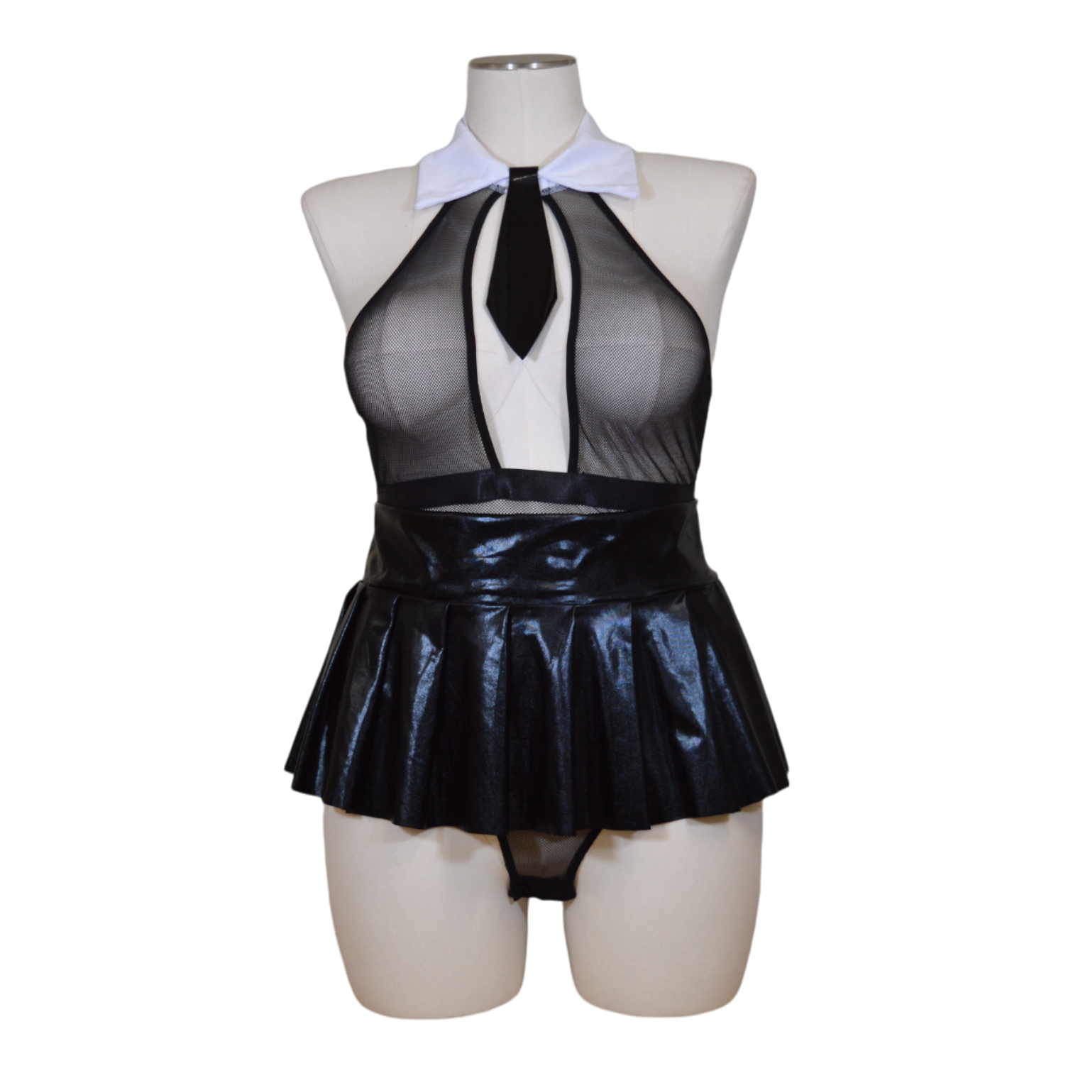 A black mesh teddy with a bow collar and pleated skirt design, presented on a mannequin.