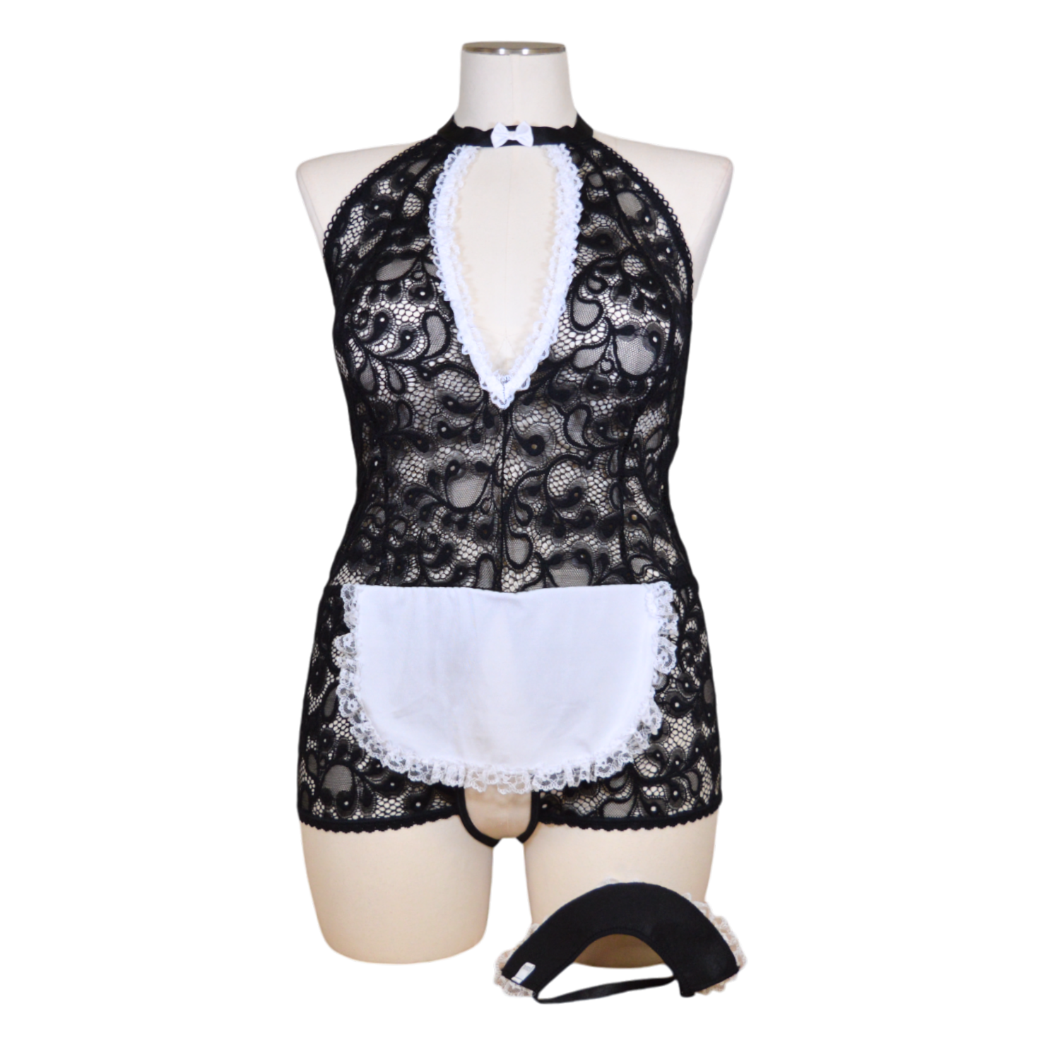 This image displays a provocative and intricately designed French maid outfit, presented on a mannequin. The outfit features a scallop stretch lace material, adding a touch of elegance and mobility.