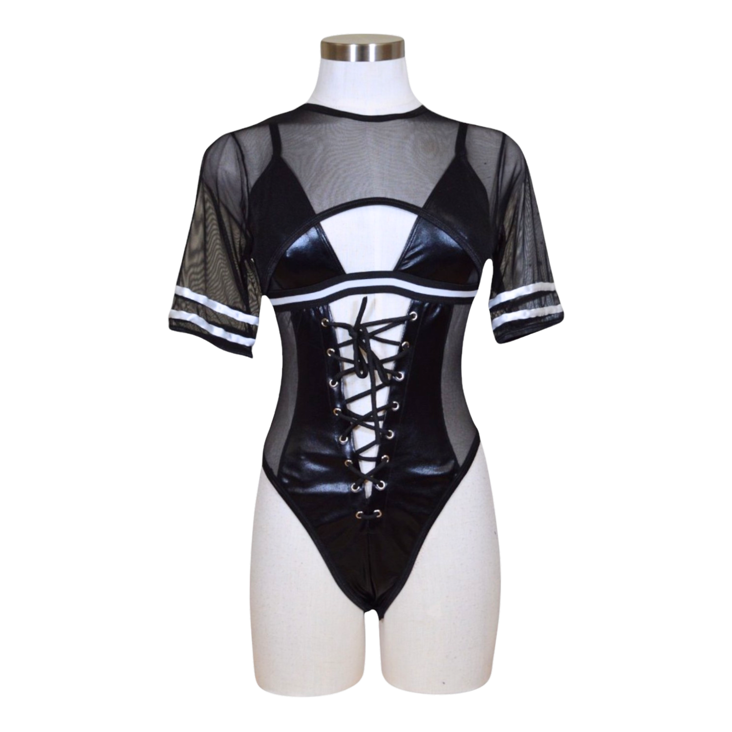 A black wetlook bodysuit with short sleeves and a front lace-up detail, displayed on a mannequin.