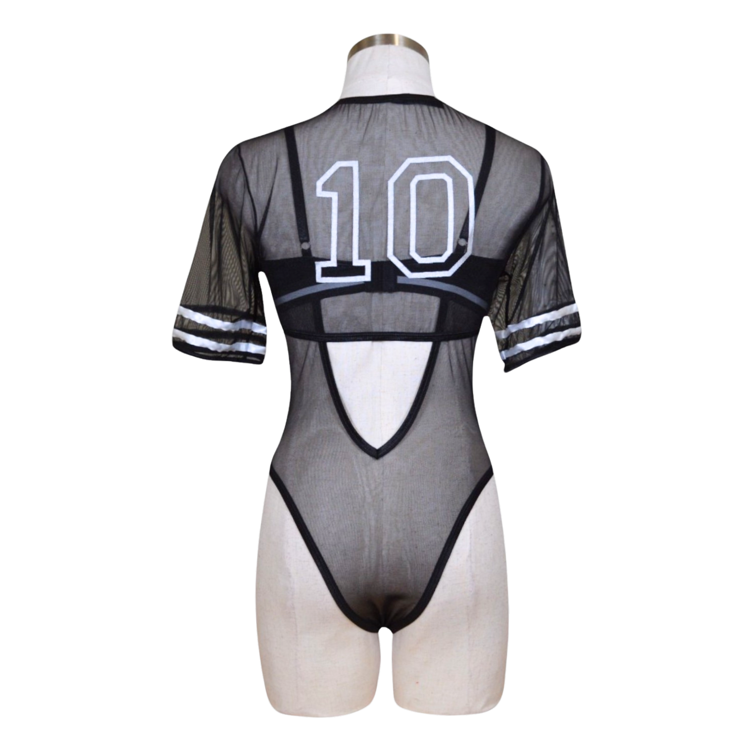 A black wetlook bodysuit with short sleeves and a front lace-up detail, displayed on a mannequin back view.