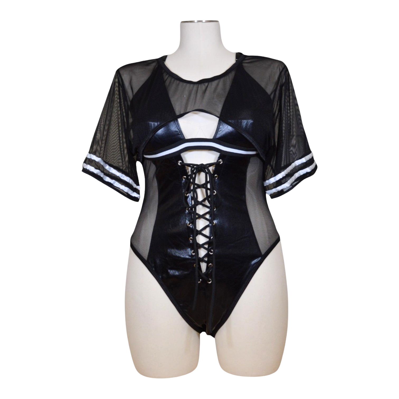 A black wetlook bodysuit with short sleeves and a front lace-up detail, displayed on a mannequin.