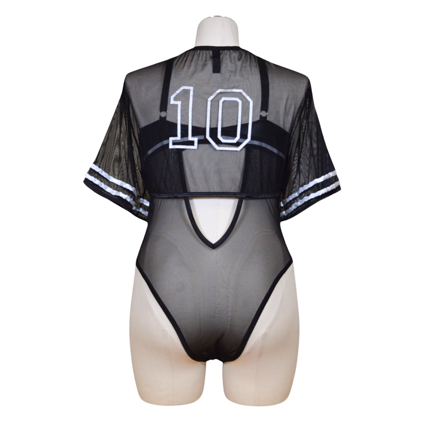 A black wetlook bodysuit with short sleeves and a front lace-up detail, displayed on a mannequin.