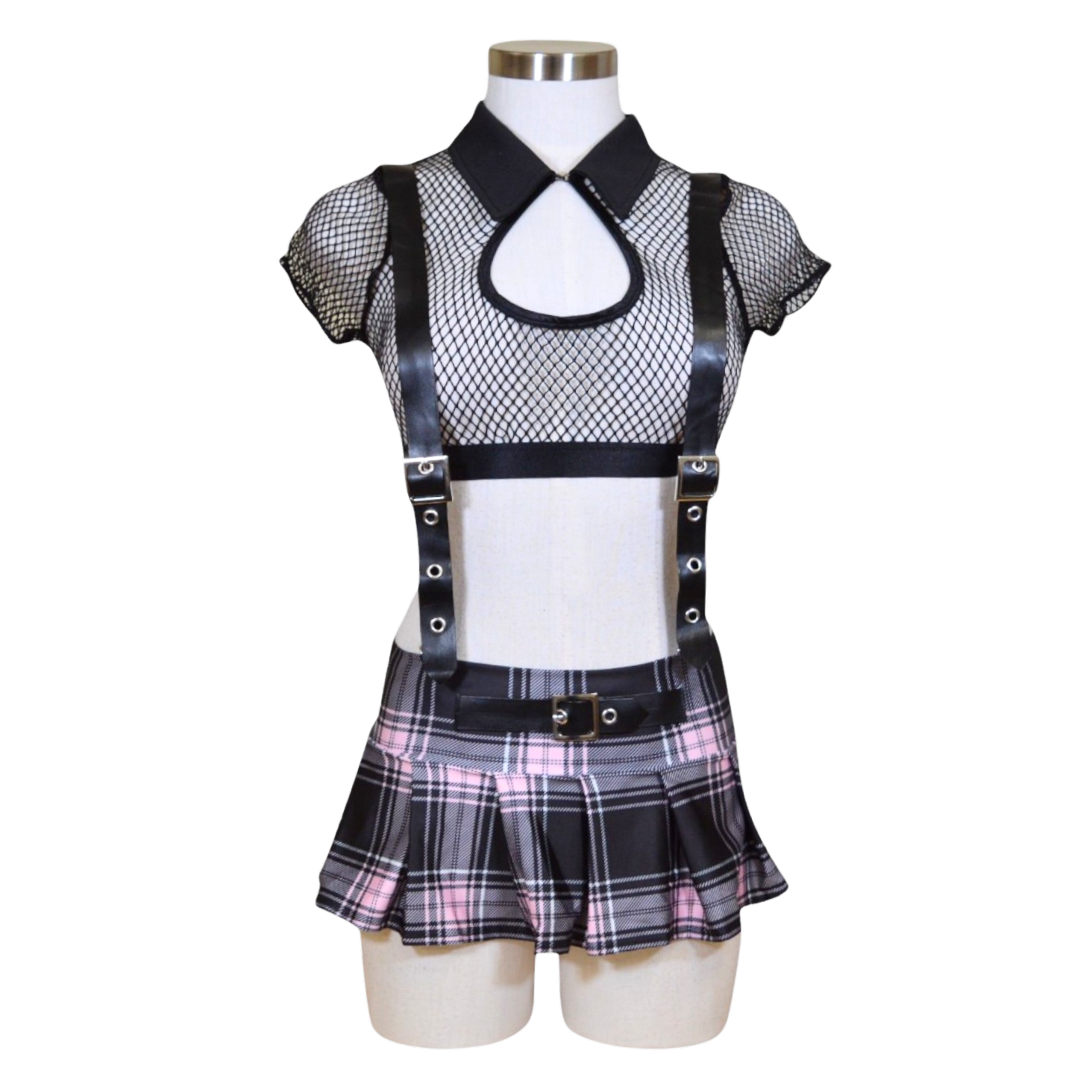 A set of women's lingerie featuring a fishnet crop top with a collared neckline and front button closure, accompanied by a plaid pleated skirt and removable leather suspenders.