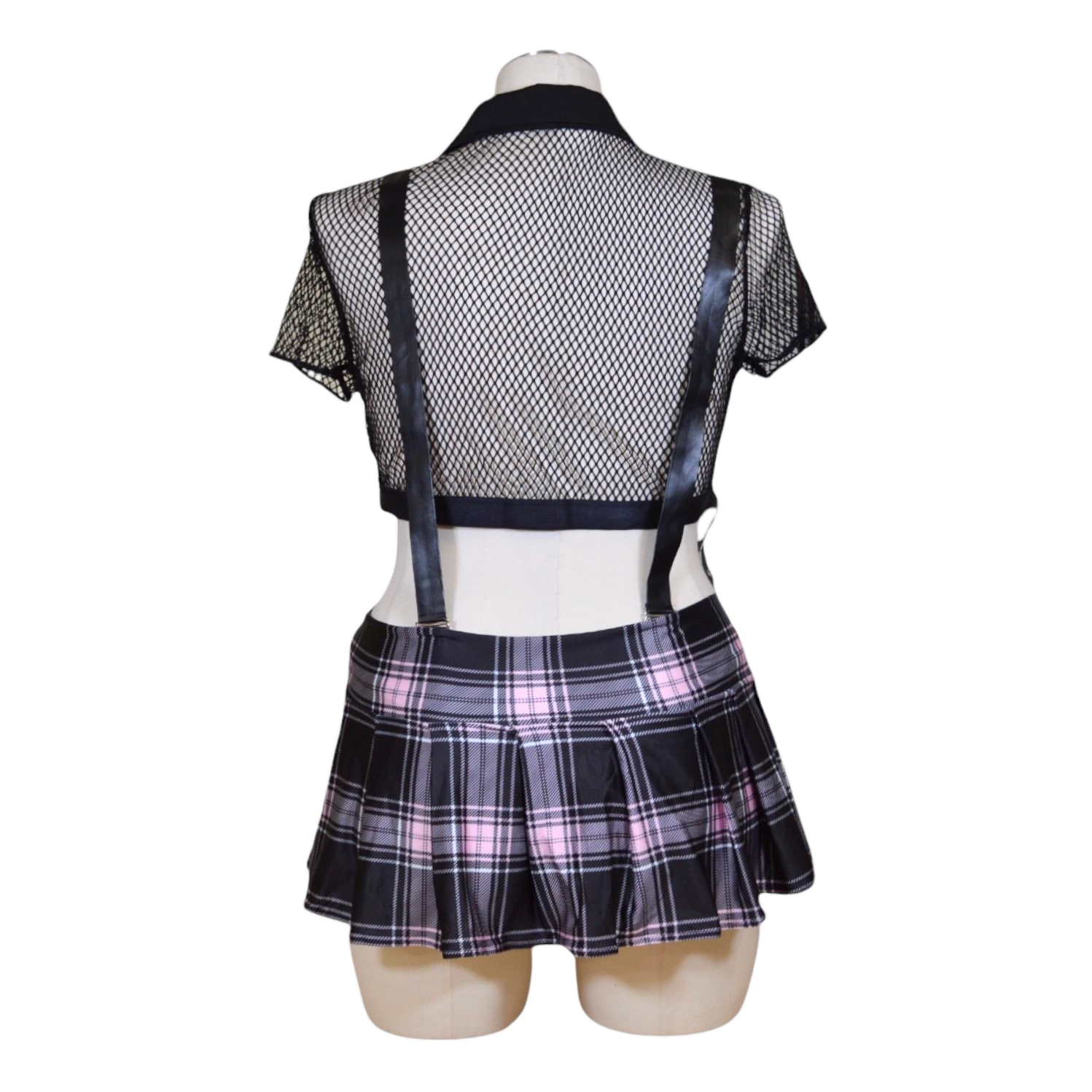 A set of women's lingerie featuring a fishnet crop top with a collared neckline and front button closure, accompanied by a plaid pleated skirt and removable leather suspenders.