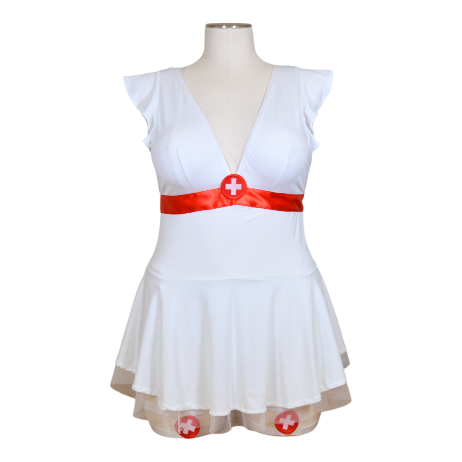 A white short-sleeved lingerie top with a red and white striped belt and a red cross emblem, displayed on a mannequin.