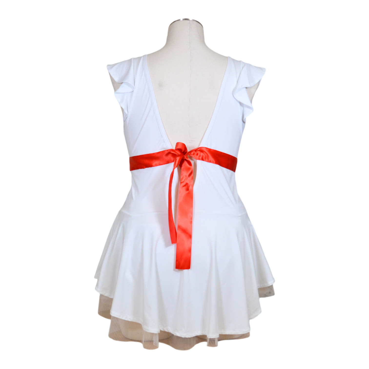 A white short-sleeved lingerie top with a red and white striped belt and a red cross emblem, displayed on a mannequin.