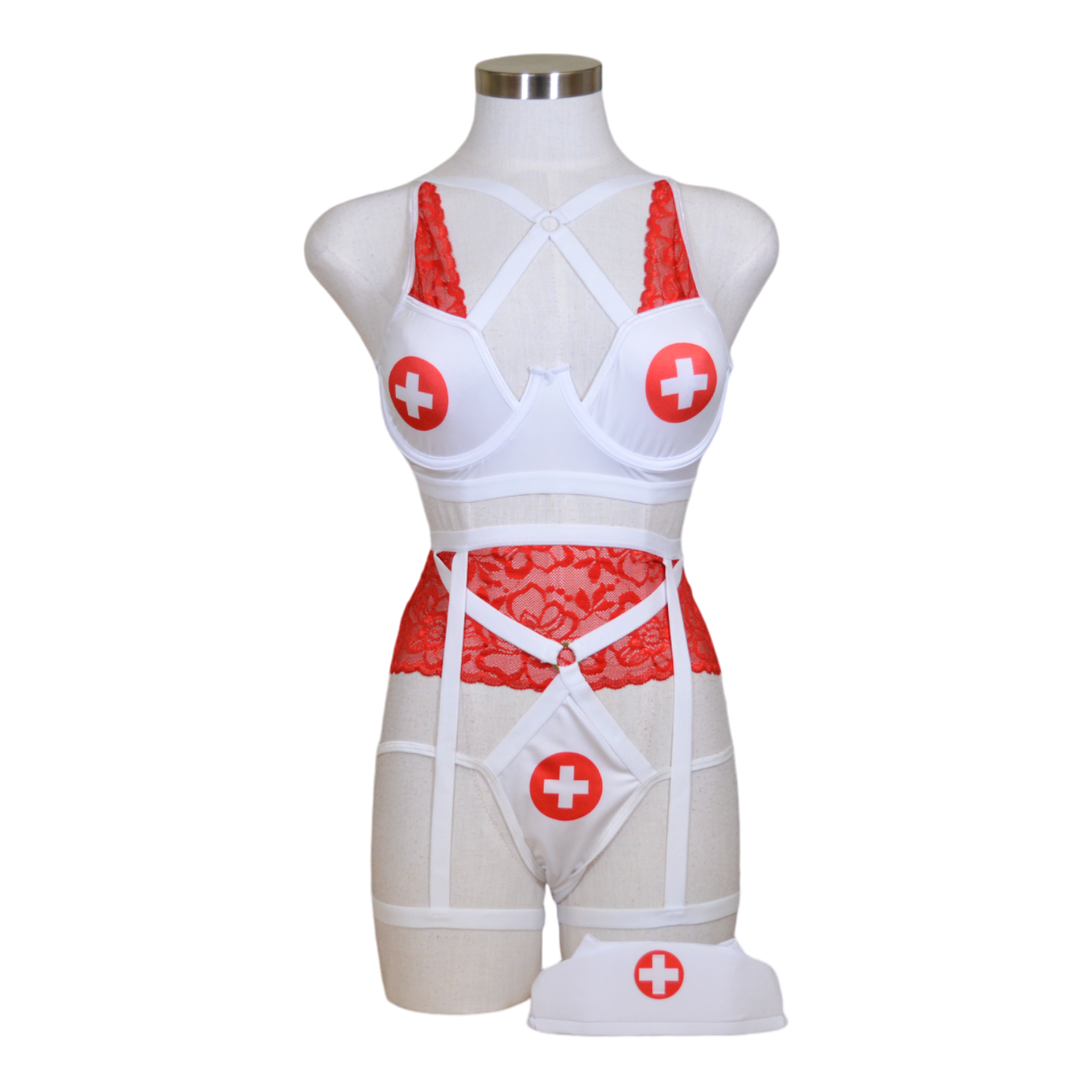 This image displays a seductive nurse costume, perfect for adding a touch of medical romance to your wardrobe. The costume is designed with a white underwire top that features playful red cross detailing, complementing the overall theme.