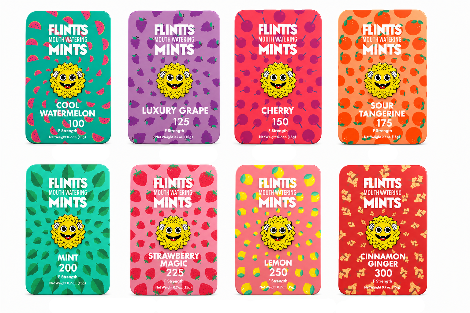 Eight Flints Mouth Watering Mints cards arranged in a 2x4 grid on a white background, each card showing a different flavor with a colorful fruit pattern, a yellow bumpy mint illustration, and a numbered quantity below.