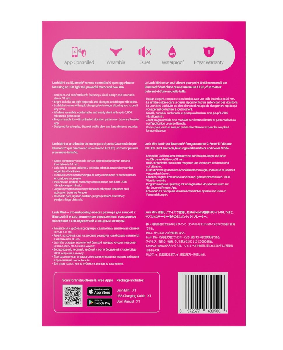 Back of a Lovense Lush Mini product packaging with text and icons on a pink background