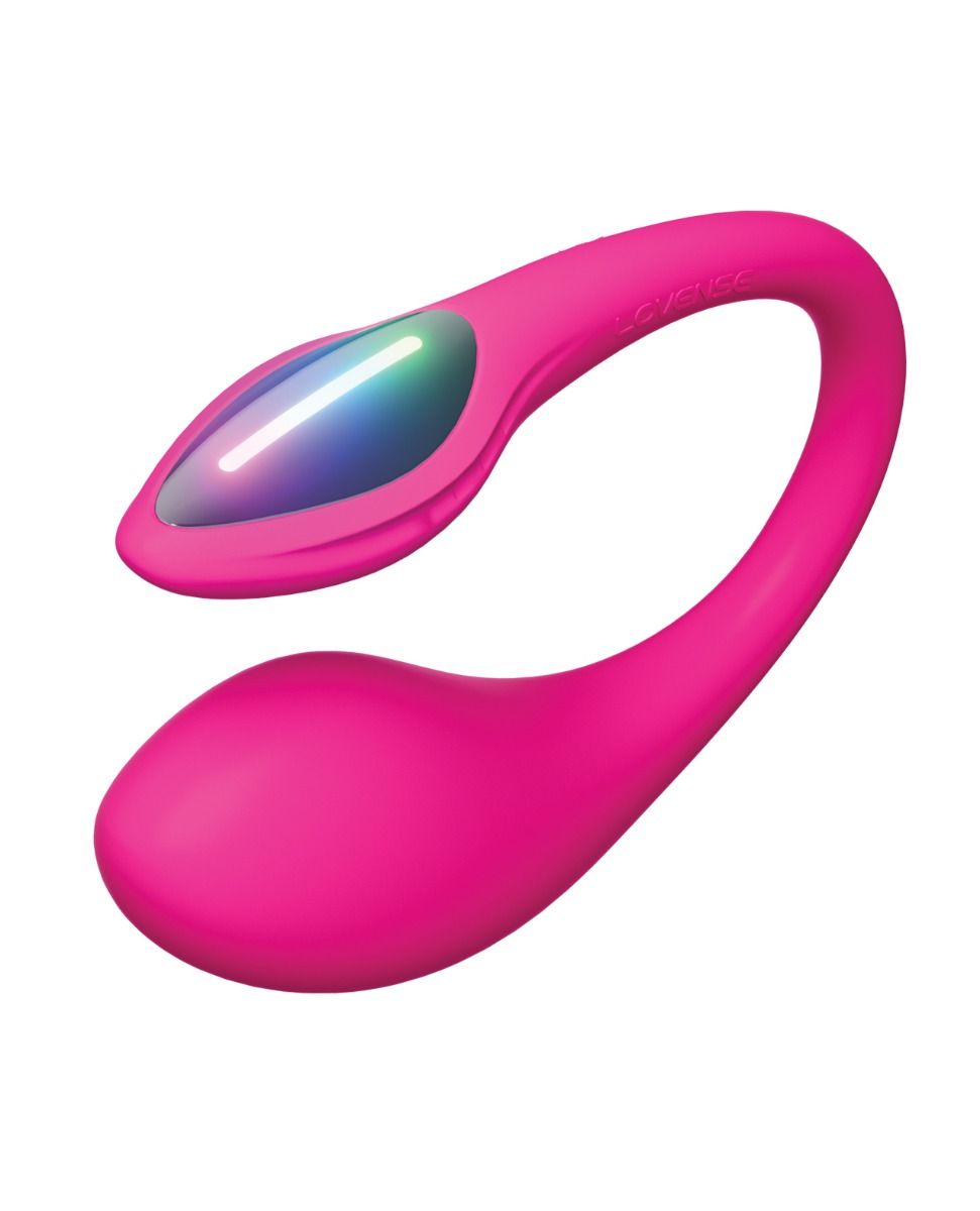 Pink Lovense lush mini device with a reflective surface on a white background