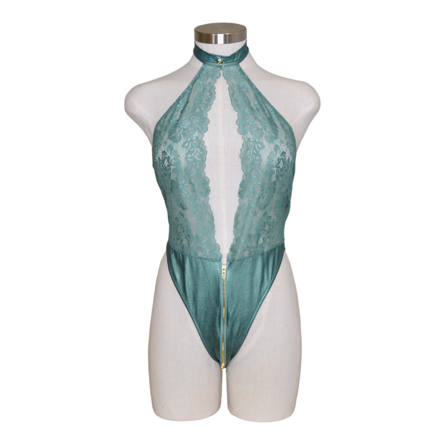 2527 Lace Halter Teddy Zipper Detail