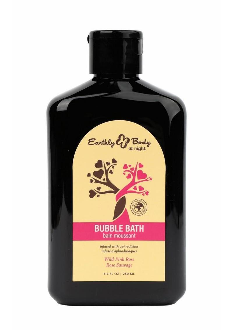 Black bottle of Earthly Body bubble bath with a yellow label on a white background