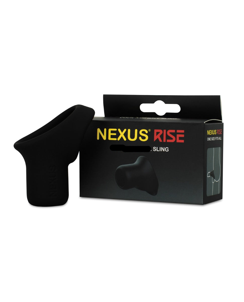 Black 'Nexus Rise' cock and ball sling with packaging on a white background