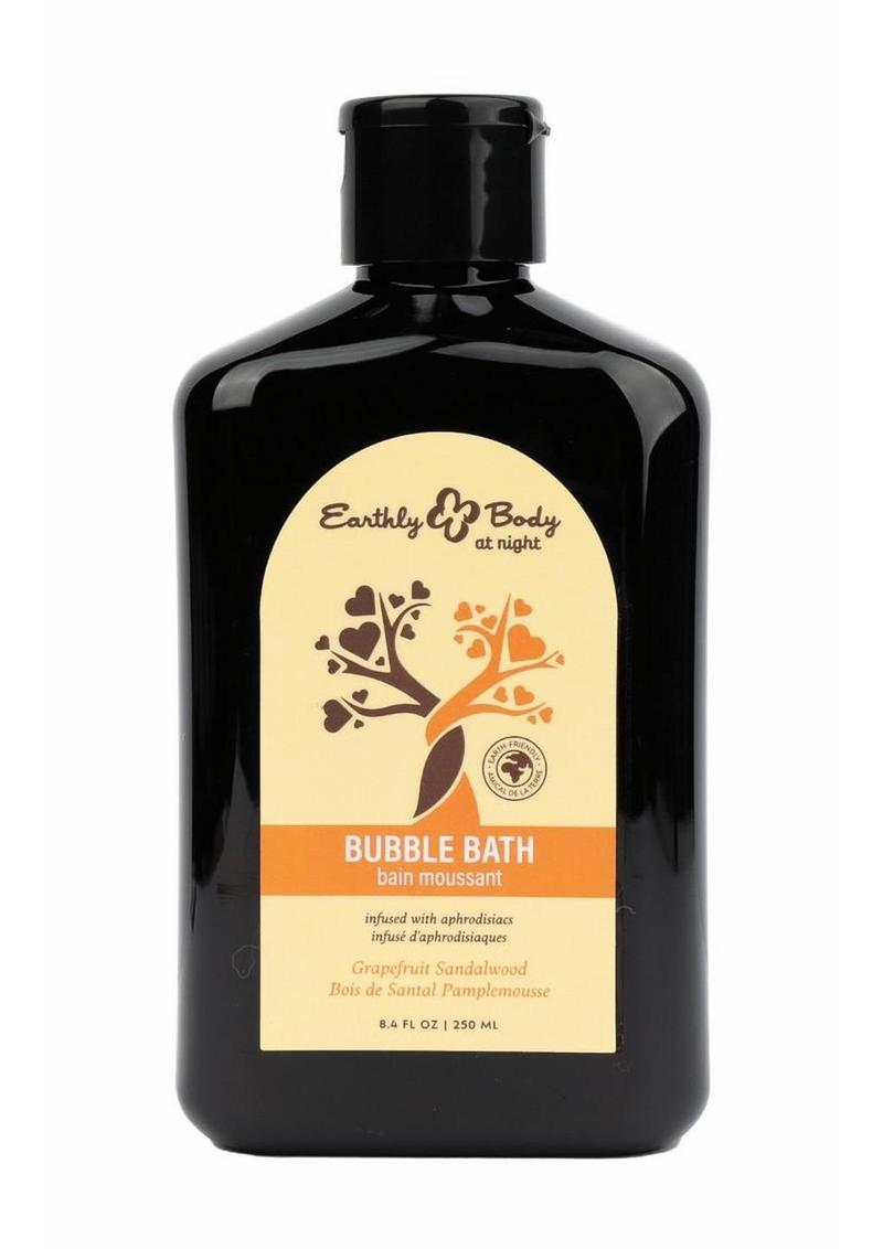 Black bottle of Earthly Body bubble bath with a label on a white background