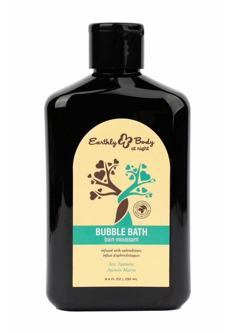 Black bottle of Earthly Body bubble bath with a label on a white background