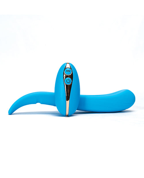 LuvSlide couples vibrator in blue, along with its remote control side view.