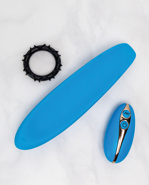 LuvSlide couples vibrator in blue, along with its remote control, and ring.