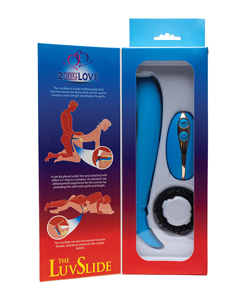 LuvSlide couples vibrator in blue, along with its remote control, and ring, open packaging displayed.