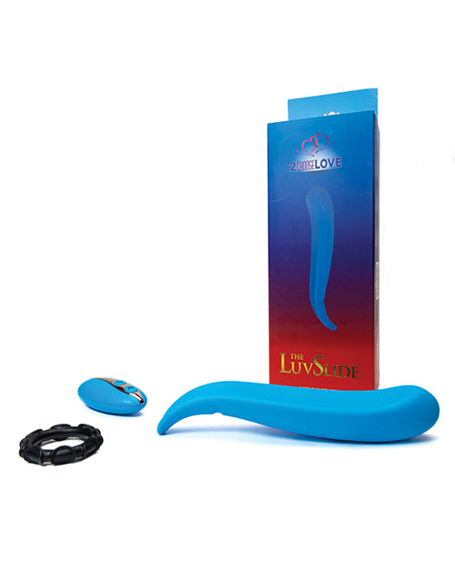 The product image shows the LuvSlide couples vibrator in blue, along with its remote control and packaging. The packaging is predominantly blue and red with the product name prominently displayed.
