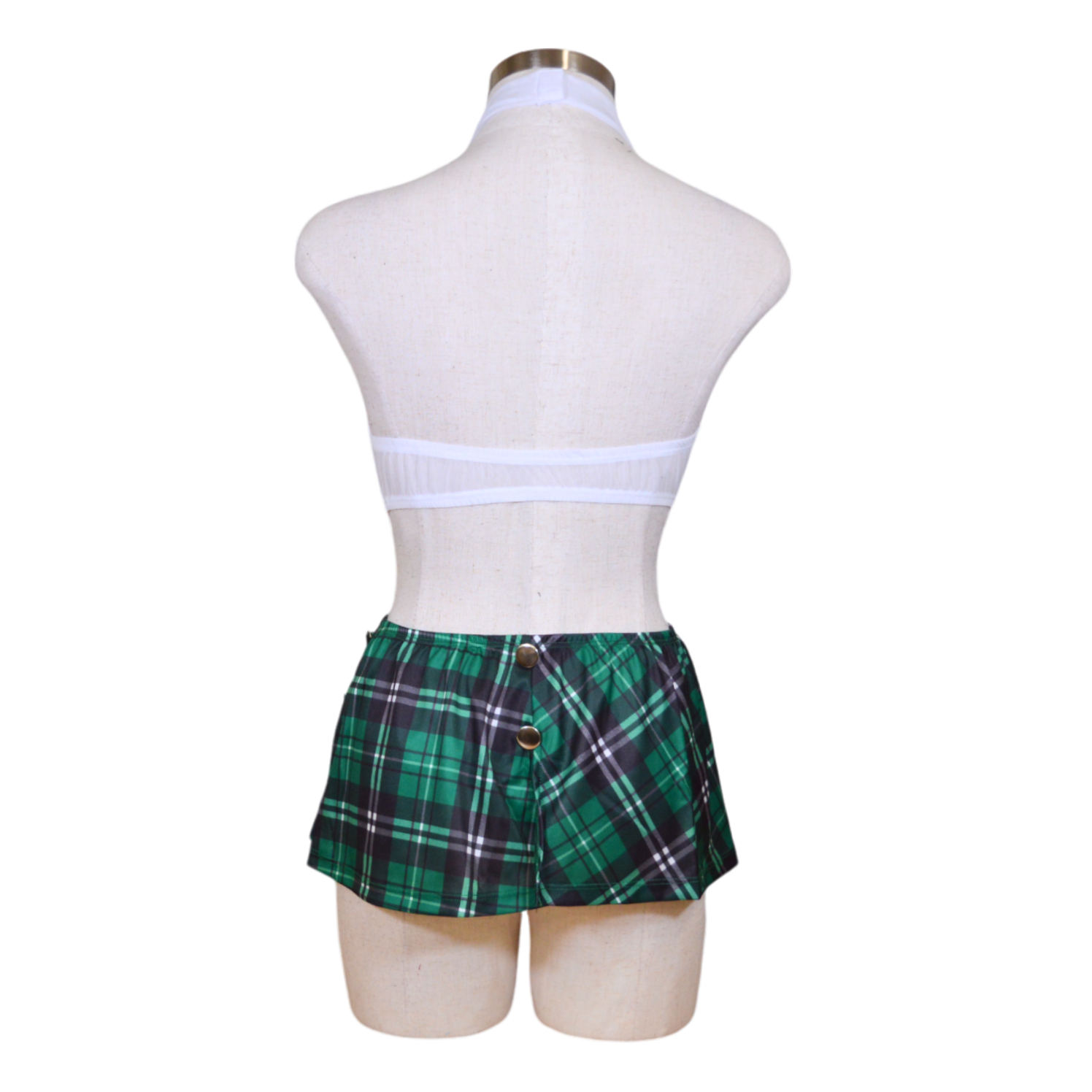 A mannequin displaying a school uniform, consisting of a white halter top, a green plaid skirt, and a green plaid tie, behind view.
