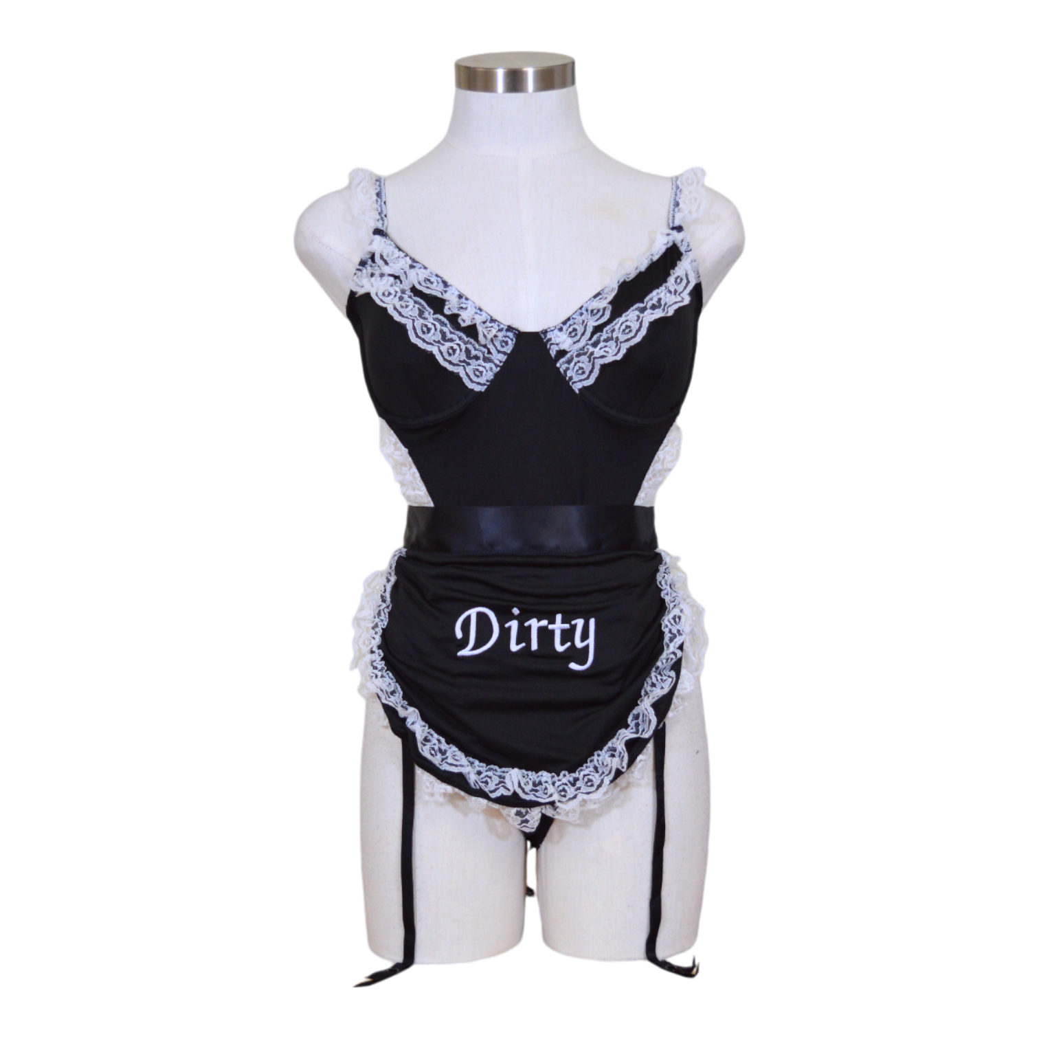 A mannequin displaying a black teddy style maid costume with white lace accents, including garter straps and an apron with the word 'Dirty' written on it.