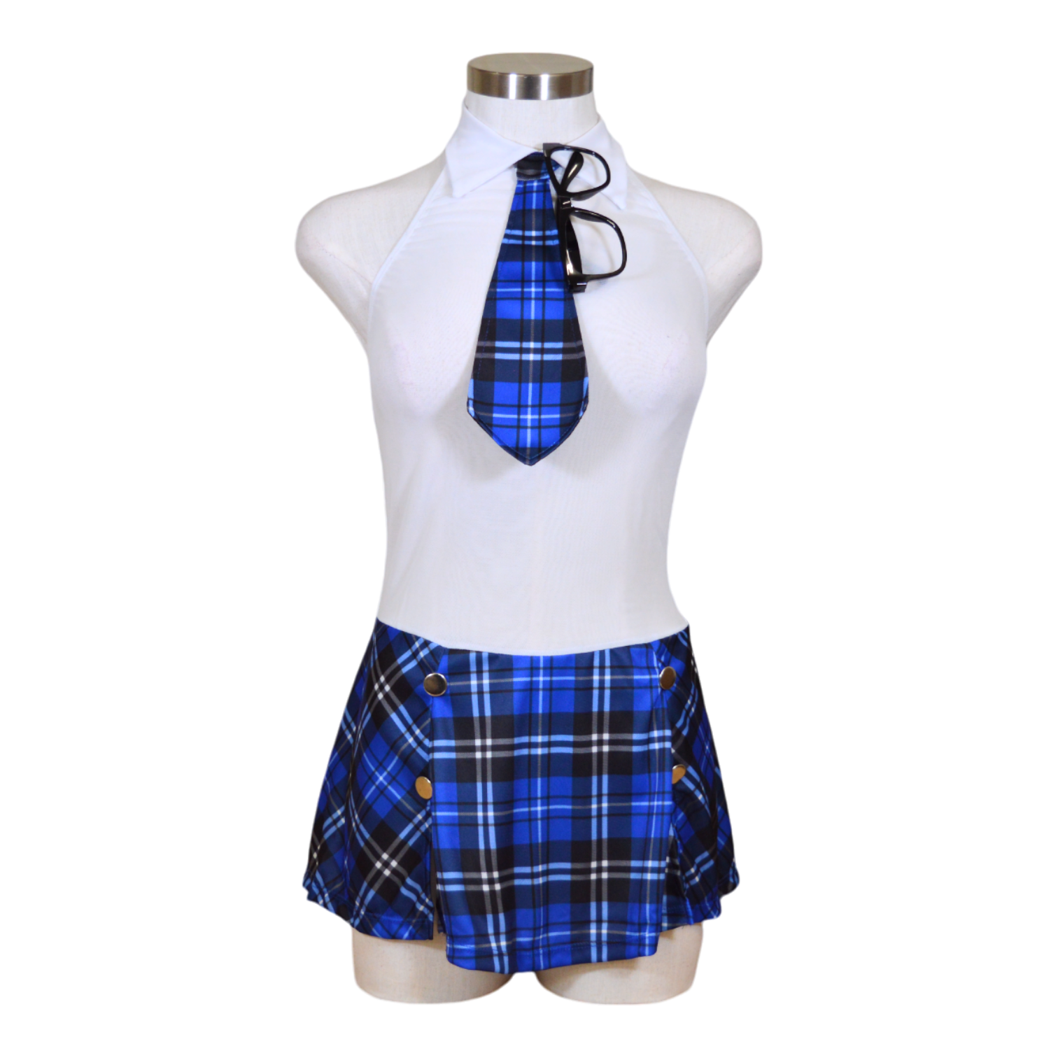 A mannequin displaying a school girl themed costume, consisting of a blue plaid skirt and a white halter top with a neck tie.