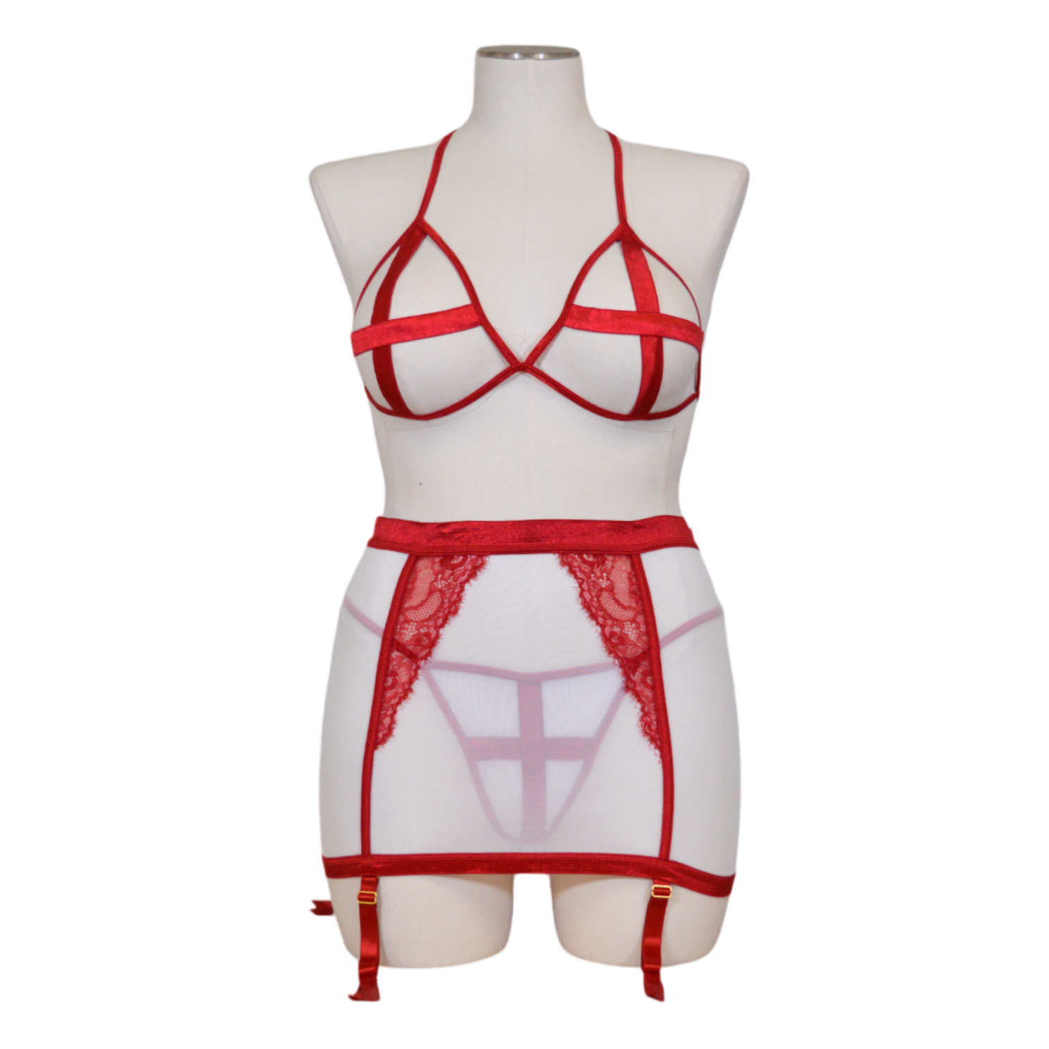 A red and white four piece nurse bra set on a mannequin, including a shiny satin elastic triangle bra, a high waist mesh skirt with strappy back detail and lace trim, a satin elastic thong, and a headpiece.