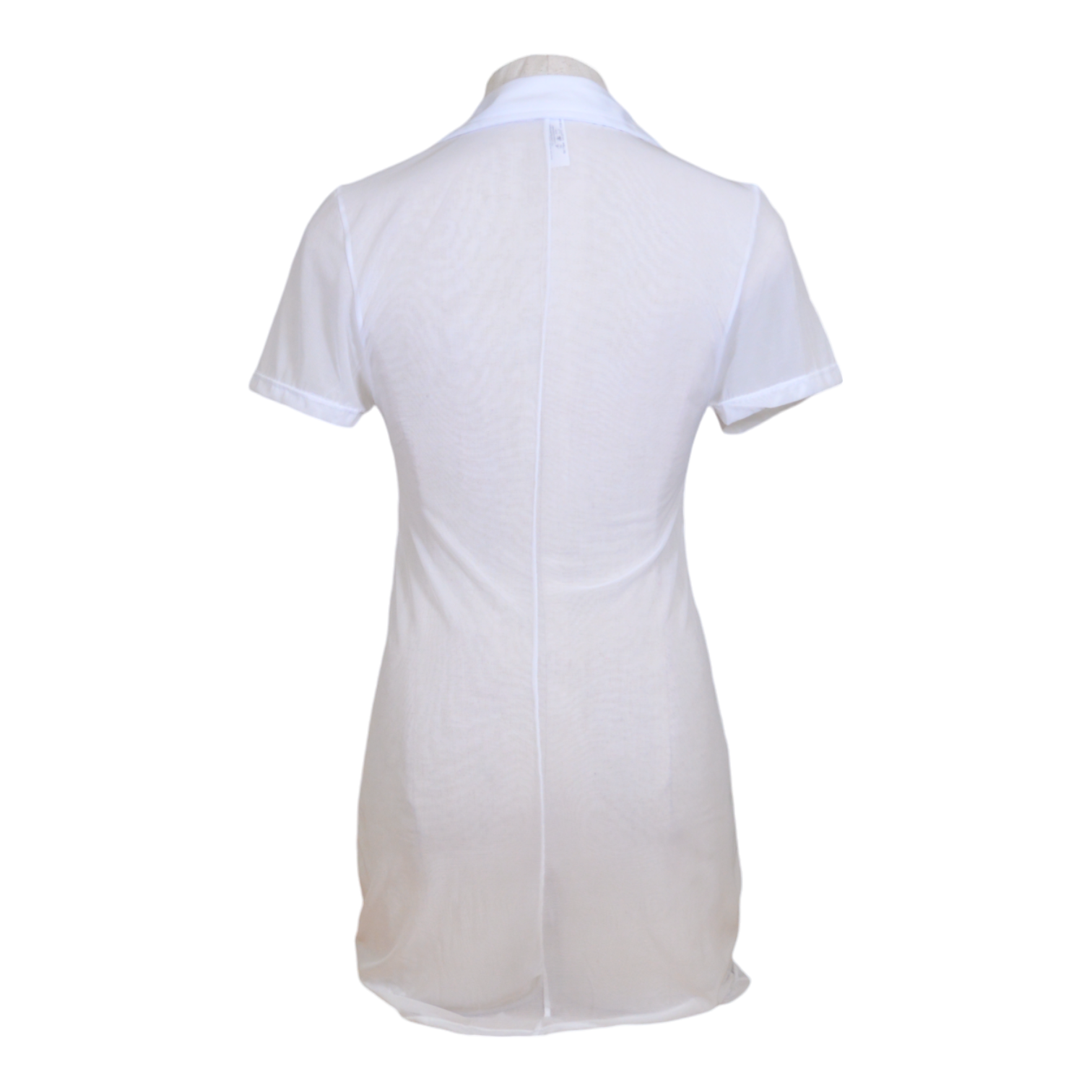 A costume set consisting of a white nurse's outfit with a red heart emblem and a matching white hat with a red ribbon. Back view.