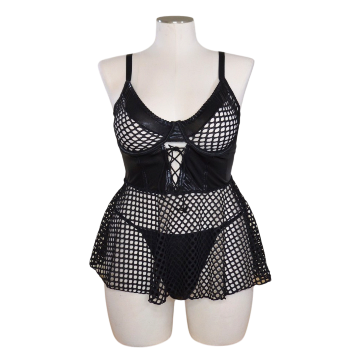 11207 Black Mesh & Faux Leather Lace-Up Babydoll