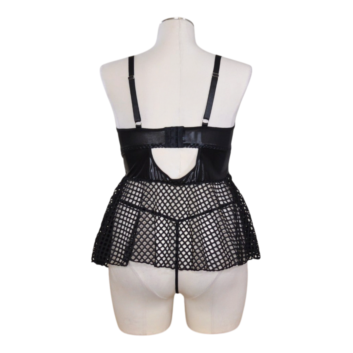 11207 Black Mesh & Faux Leather Lace-Up Babydoll