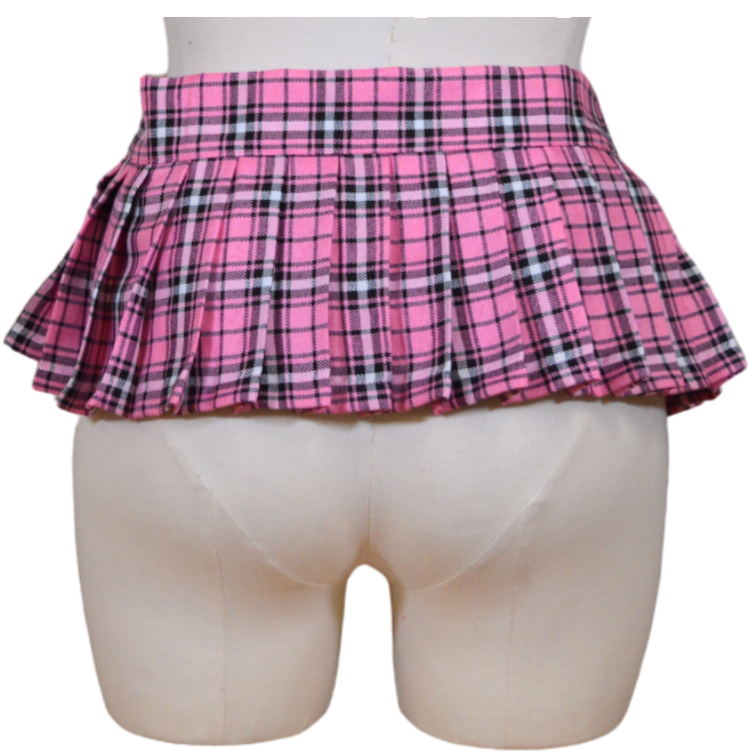 This image features a stylish and playful plaid skirt, perfect for making a fashion statement. Displayed on a mannequin, the skirt boasts a bold pink print with traditional plaid patterns in contrasting colors, emphasizing its trendy and youthful appeal. Back view.