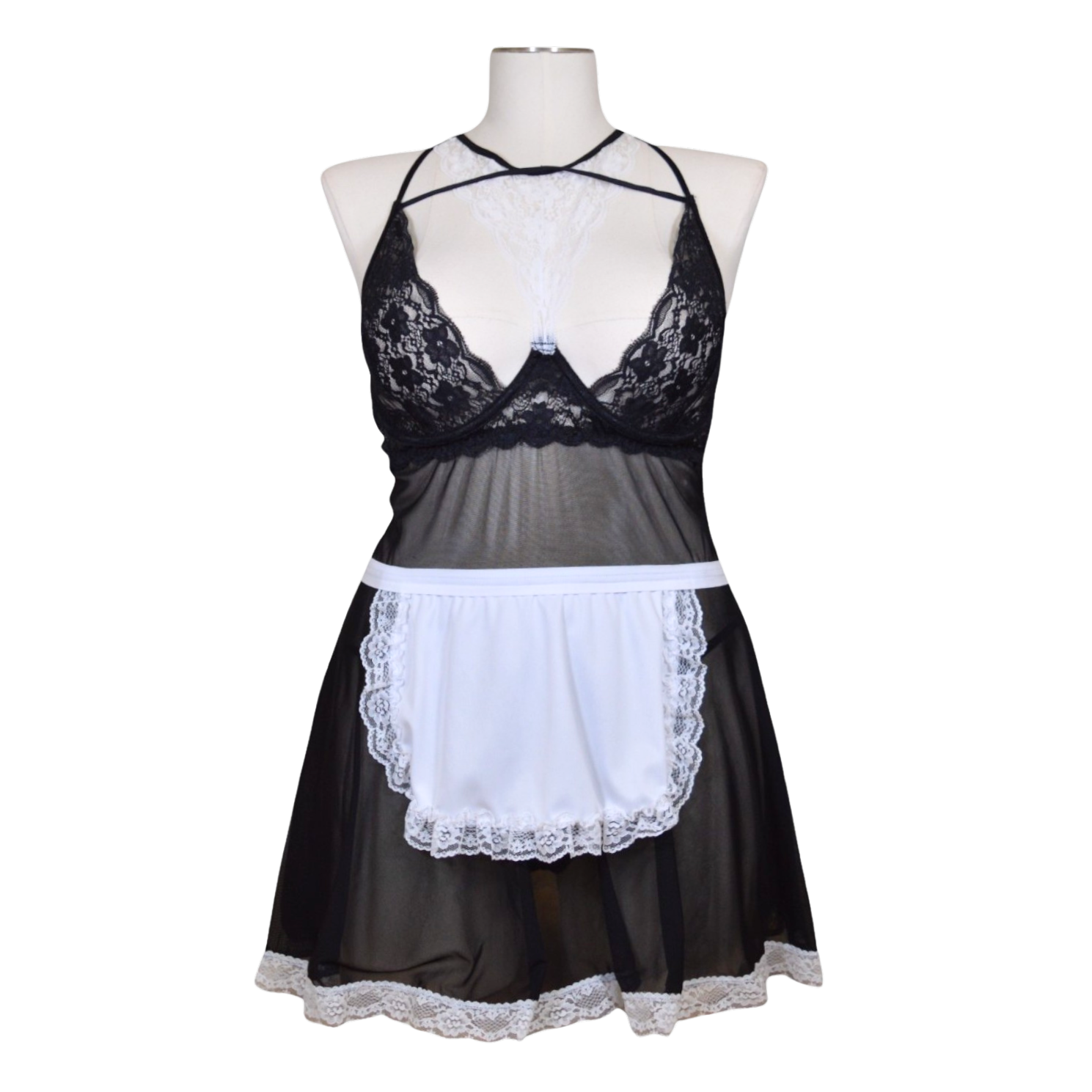 A black and white French Maid lingerie dress with lace detailing, featuring a halter neck and an attached apron.