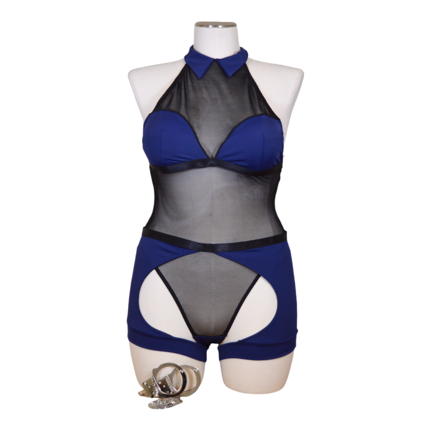 A mannequin wearing a black mesh bodysuit with blue cups and shorts, accompanied by handcuffs.