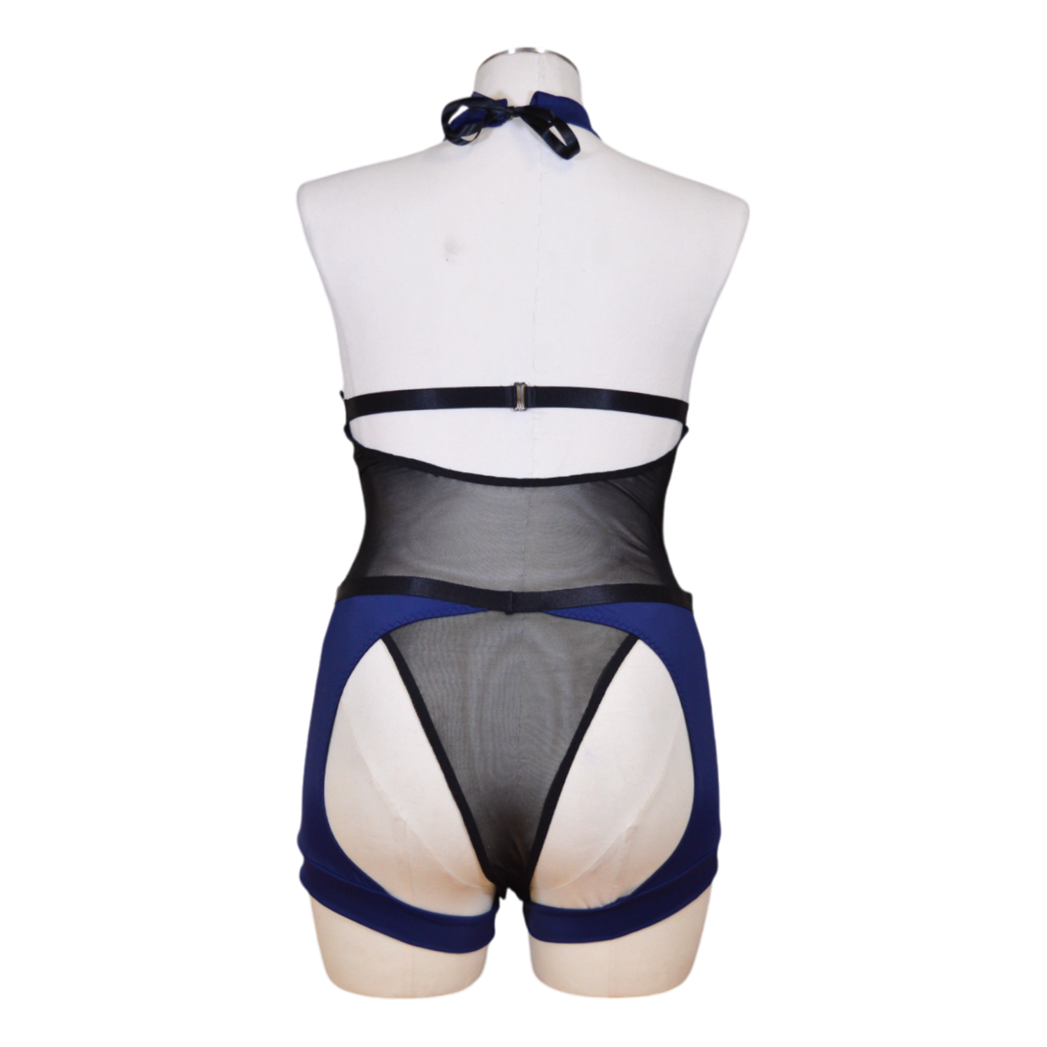 A mannequin wearing a black mesh bodysuit with blue cups and shorts, accompanied by handcuffs back view.