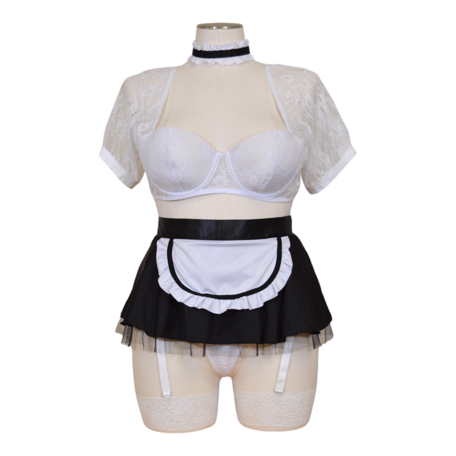 French maid white lace top and black apron on a mannequin against a white background