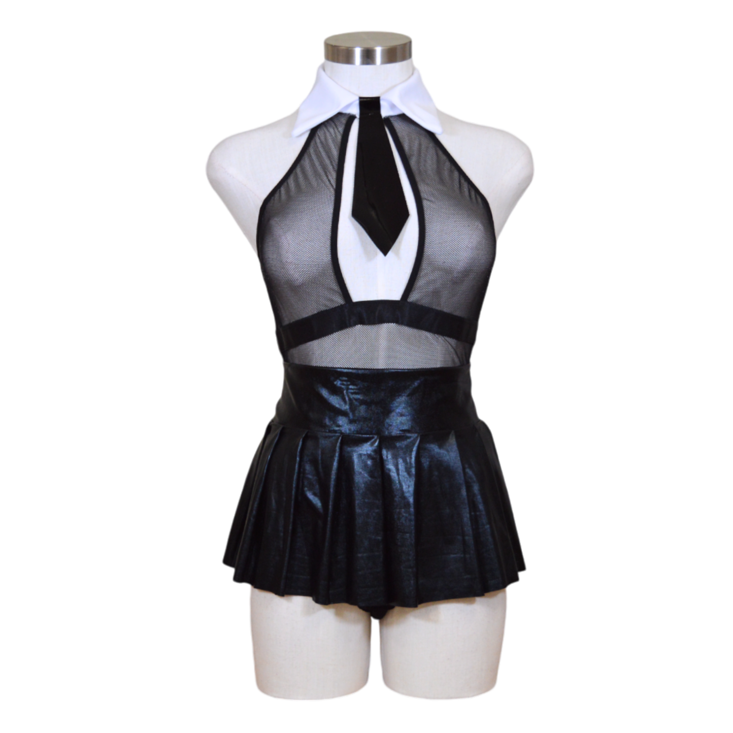 A black mesh teddy with a collared neckline and a pleated skirt-like design, displayed on a mannequin.